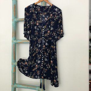 Navy Floral Crepe Handkerchief Dress
